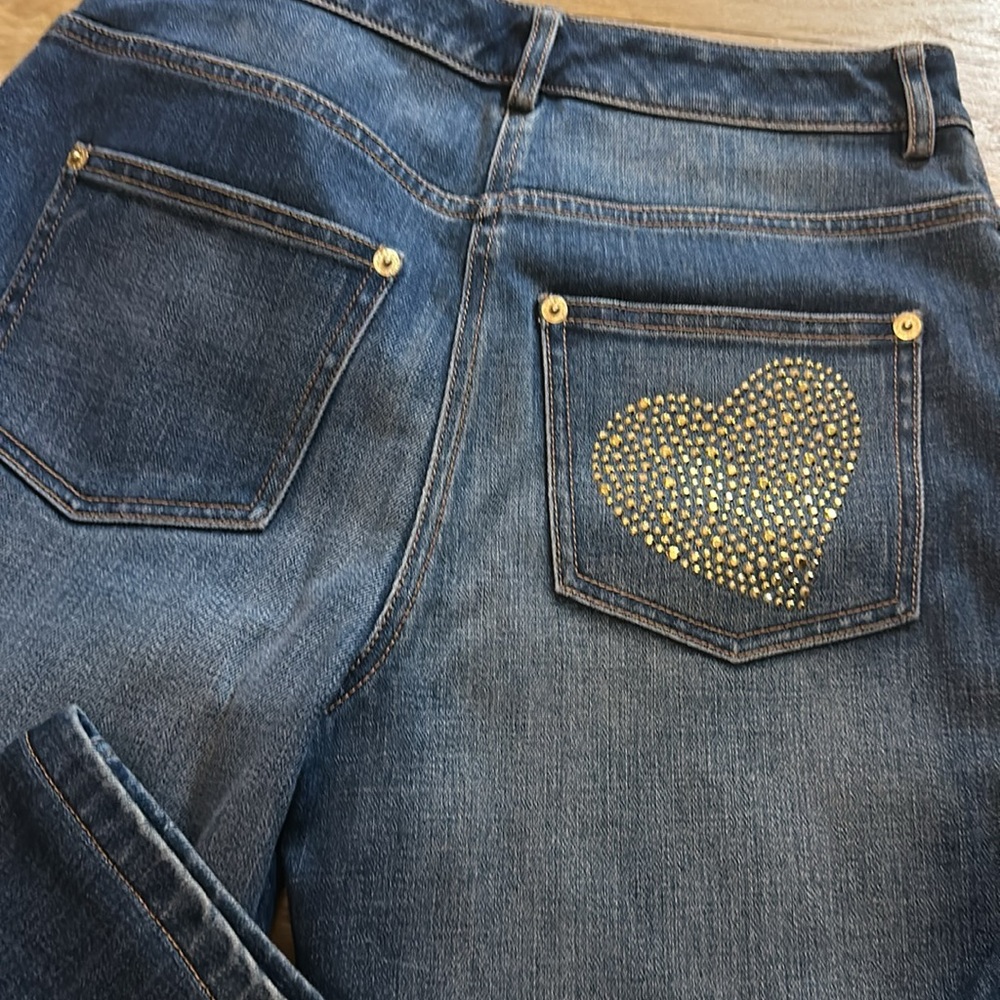 St. John Golden Embellished Rhinestone Heart Pocket Jeans